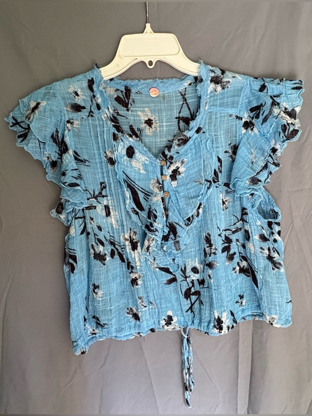 FP One Naya Blue Floral Flutter-Sleeve Tie-Hem Bohemian Blouse